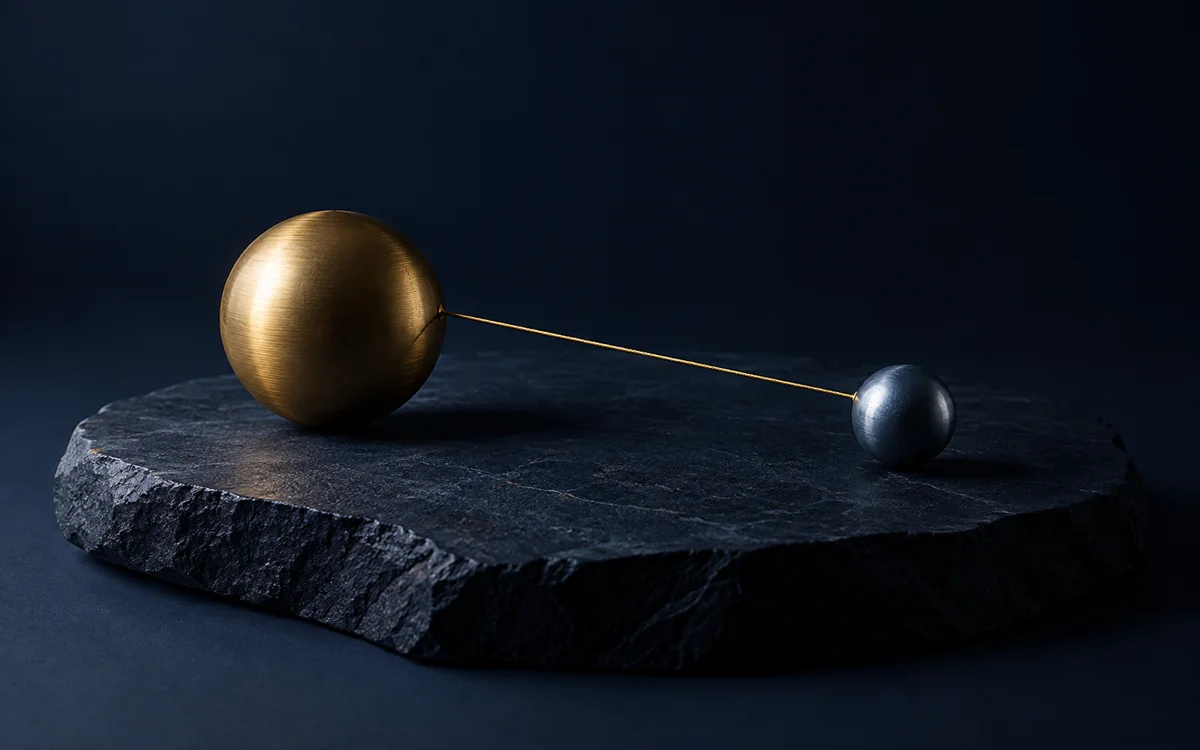A brass sphere and a smaller steel-blue sphere joined by a gold thread on a deep-navy stone tablet