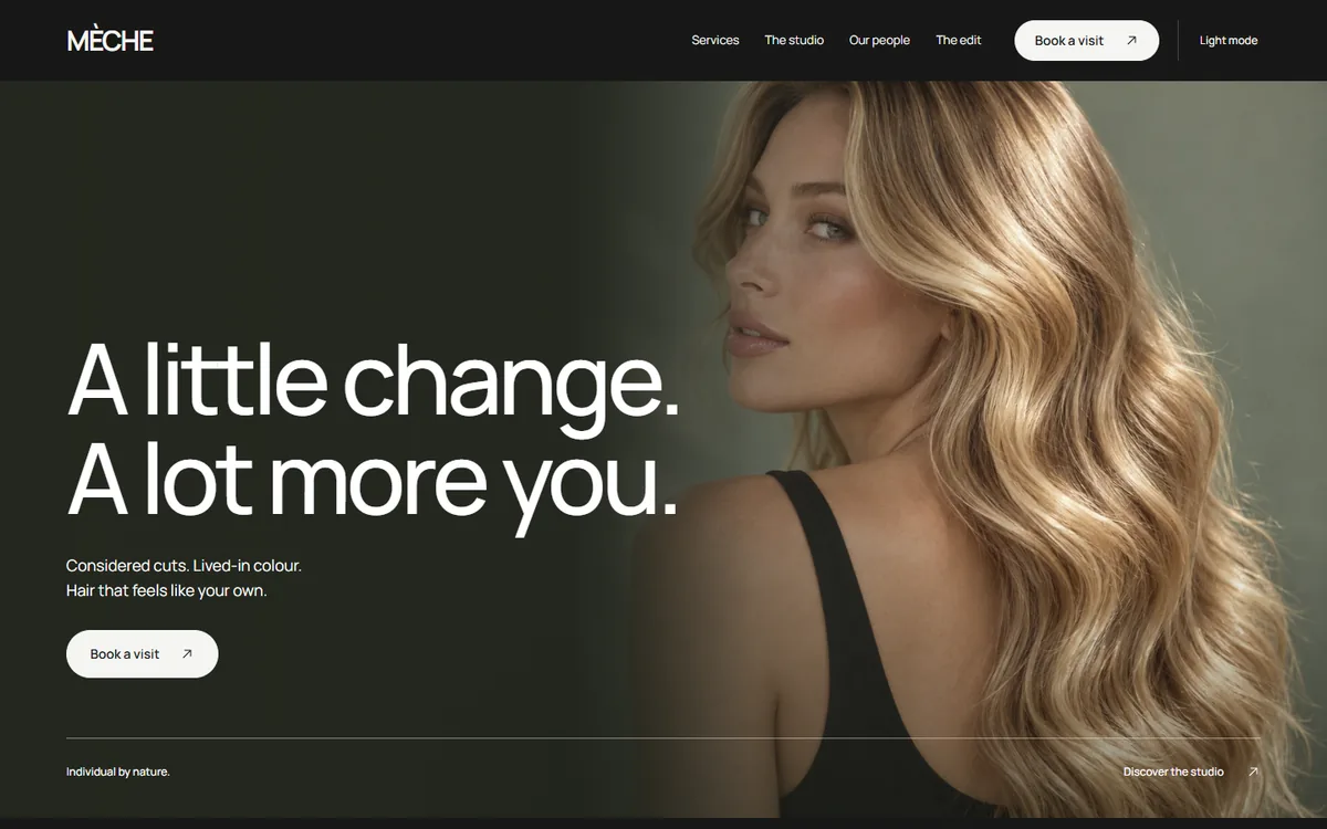 MÈCHE salon homepage, captured from the live prototype on 25 September 2026