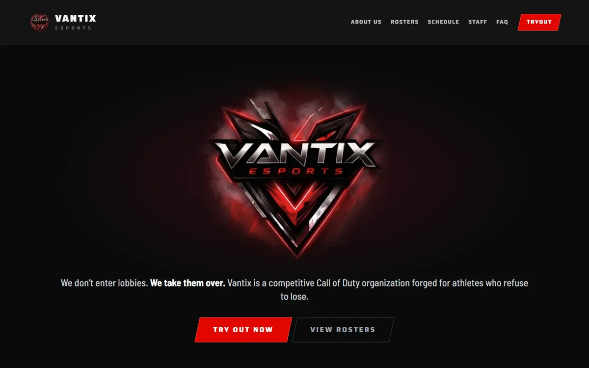 Vantix Esports homepage, captured from the live site on 18 September 2026