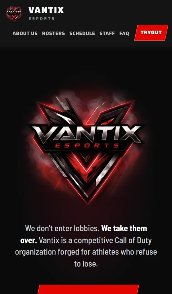 Vantix Esports on a phone, captured from the live site on 18 September 2026